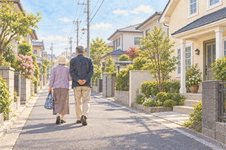 洋風住宅のある街中を、短髪で背の高い父と小柄な母が並んで歩くイラスト