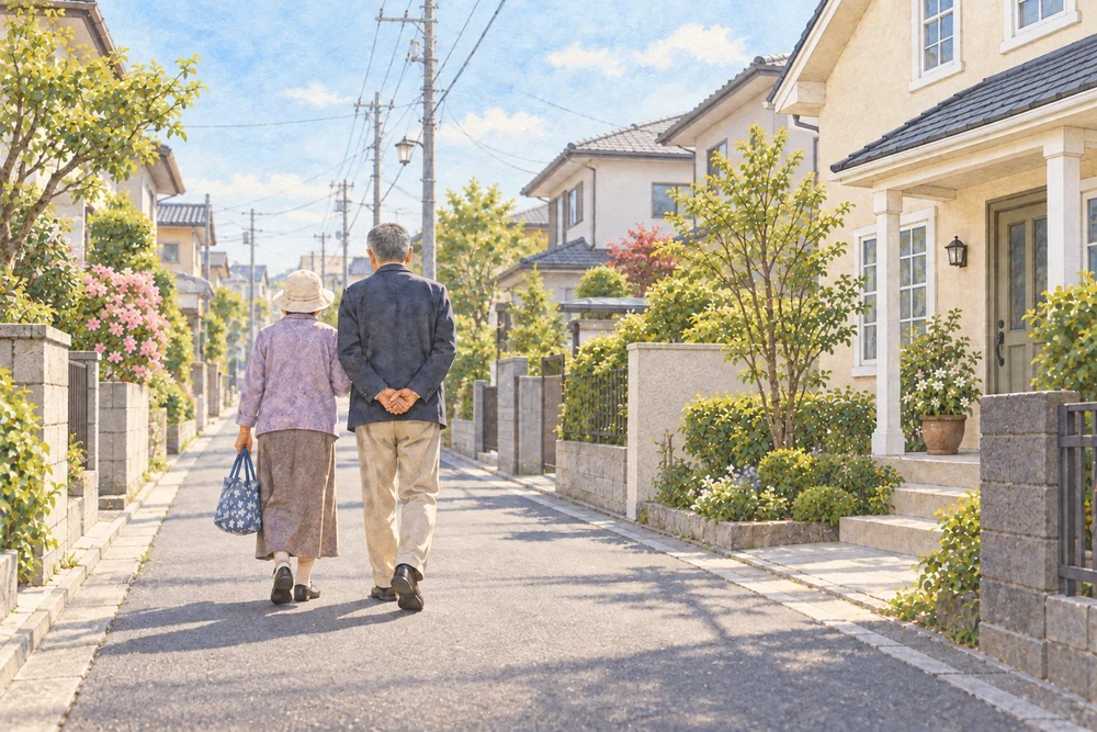 洋風住宅のある街中を、短髪で背の高い父と小柄な母が並んで歩くイラスト