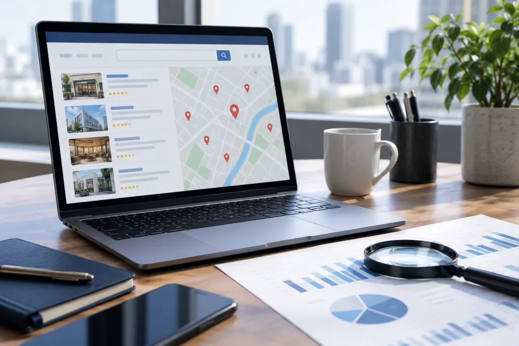 検索結果や地図情報を確認するSEO・MEO対策の業務イメージ