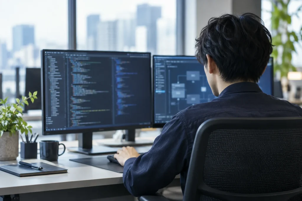 開発用モニターに向かってソフトウェアを制作する業務イメージ